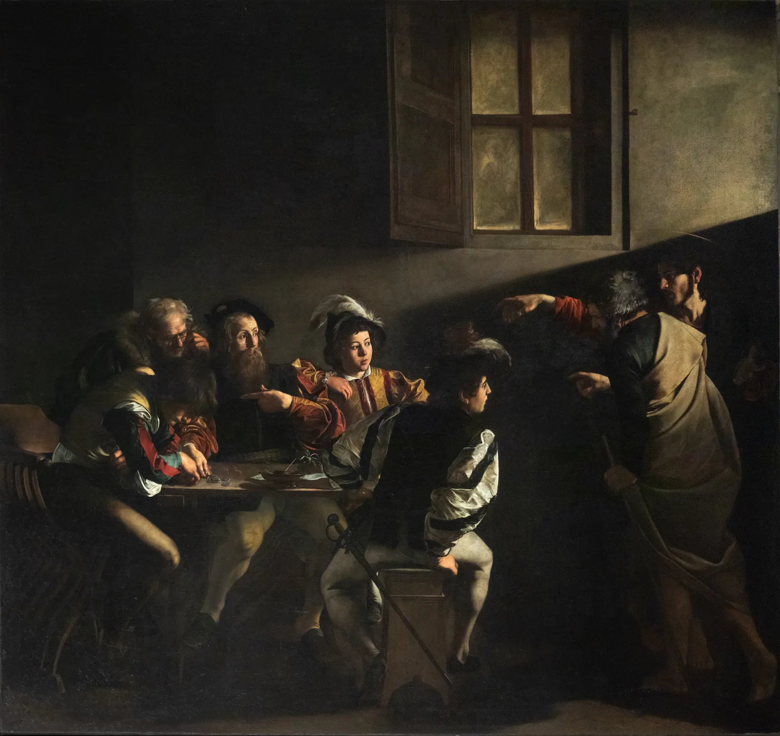 La Vocazione di San Matteo di Caravaggio, Cappella Contarelli in San Luigi dei Francesi: il fascio di luce che attraversa la scena e chiama Matteo al tavolo